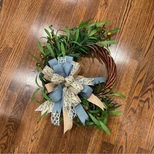 Greenery Wreath with Blue and Natural Bow - Rustic Seasonal Decor